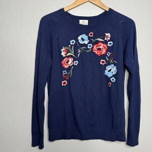 St. John's Bay Crew Neck Embroidered Sweater Navy Blue with Floral Size L